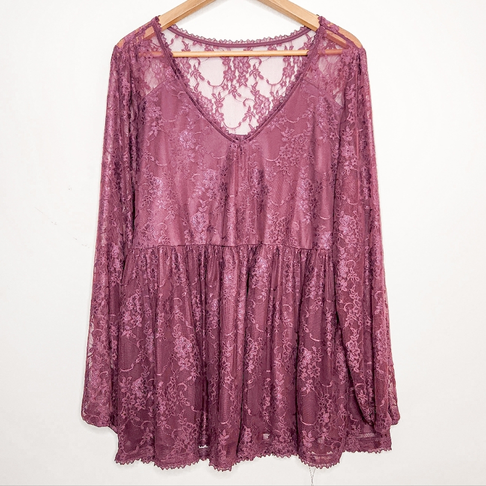 Torrid Wine Purple V-Neck Babydoll Lace Sheer Peasant Blouse Plus Size 2 2X XXL